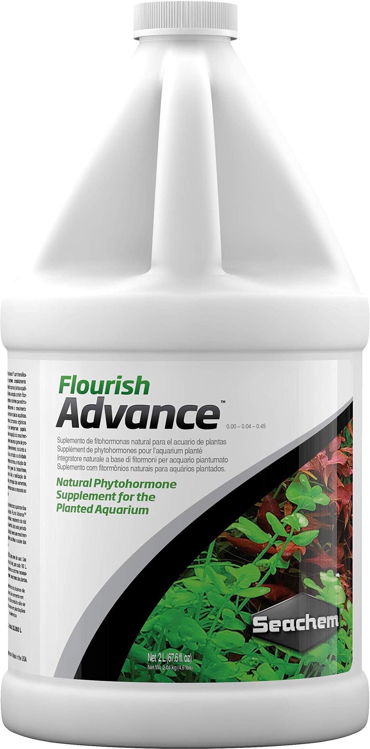 Botella de Seachem Flourish Advance para estimular crecimiento de plantas acuáticas.
