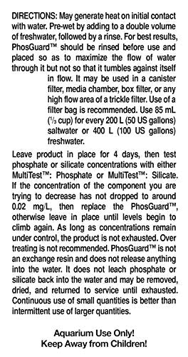 PhosGuard 500ml de Seachem etiqueta legible con indicaciones de uso.