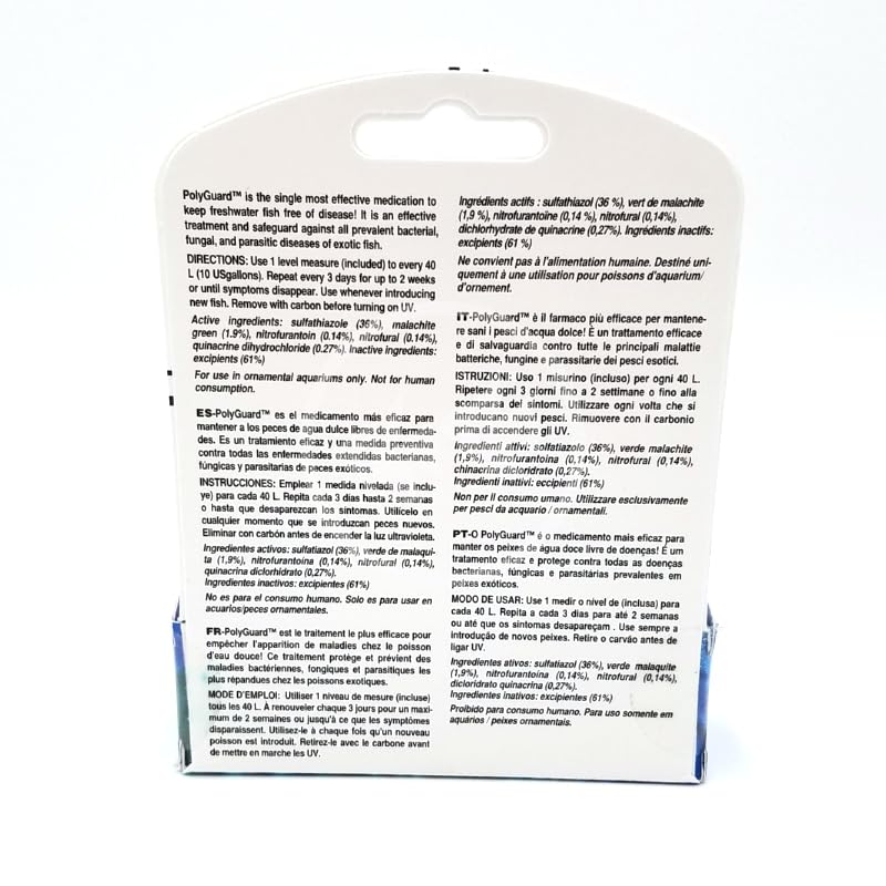 Instrucciones de uso de PolyGuard para dosis seguras en acuarios.