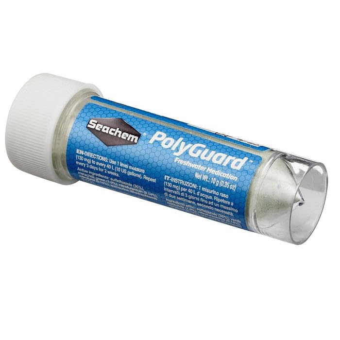 Etiqueta del producto Seachem PolyGuard para identificar el tratamiento