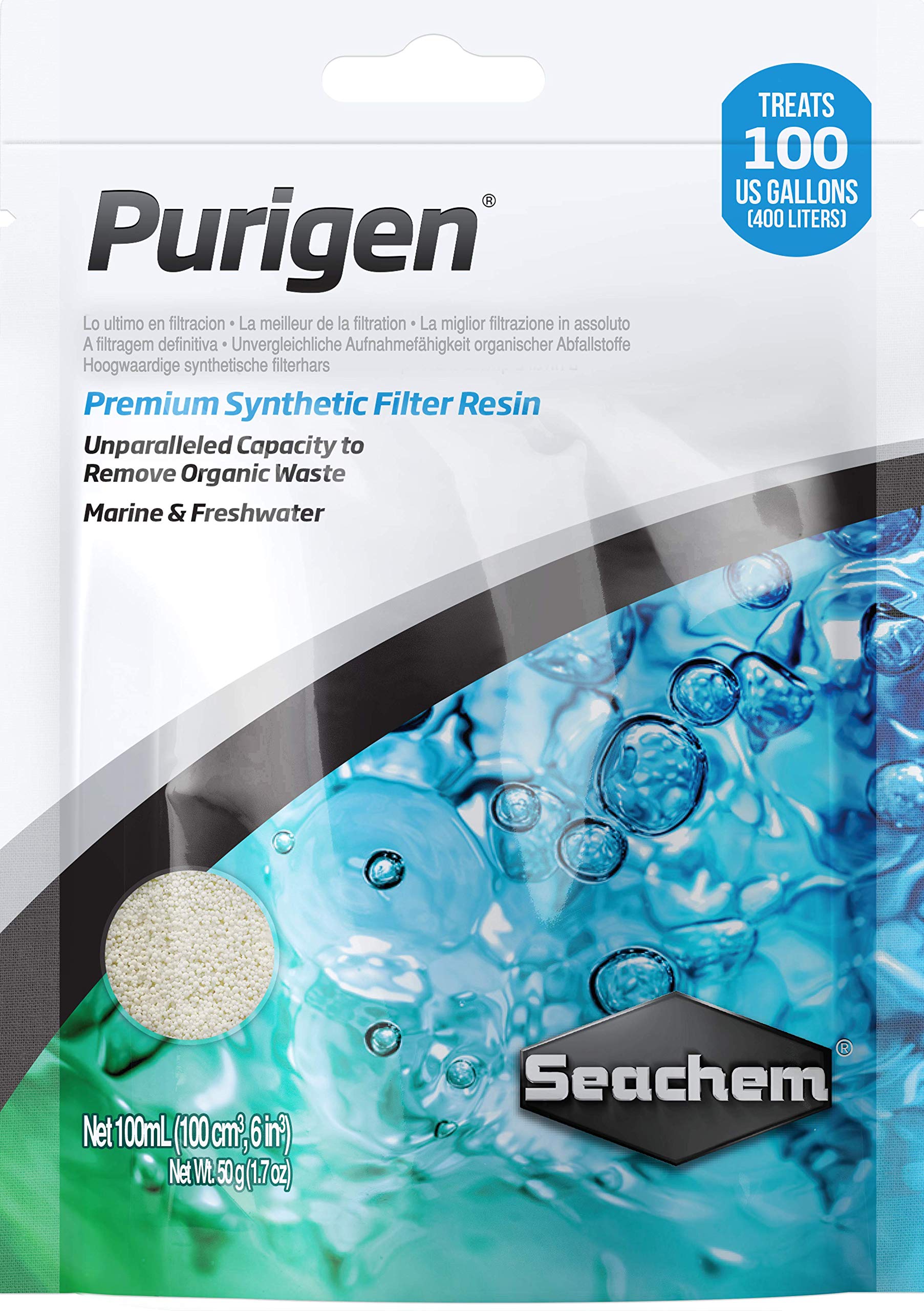 Purigen de Seachem frente del envase, para agua más clara en acuarios.