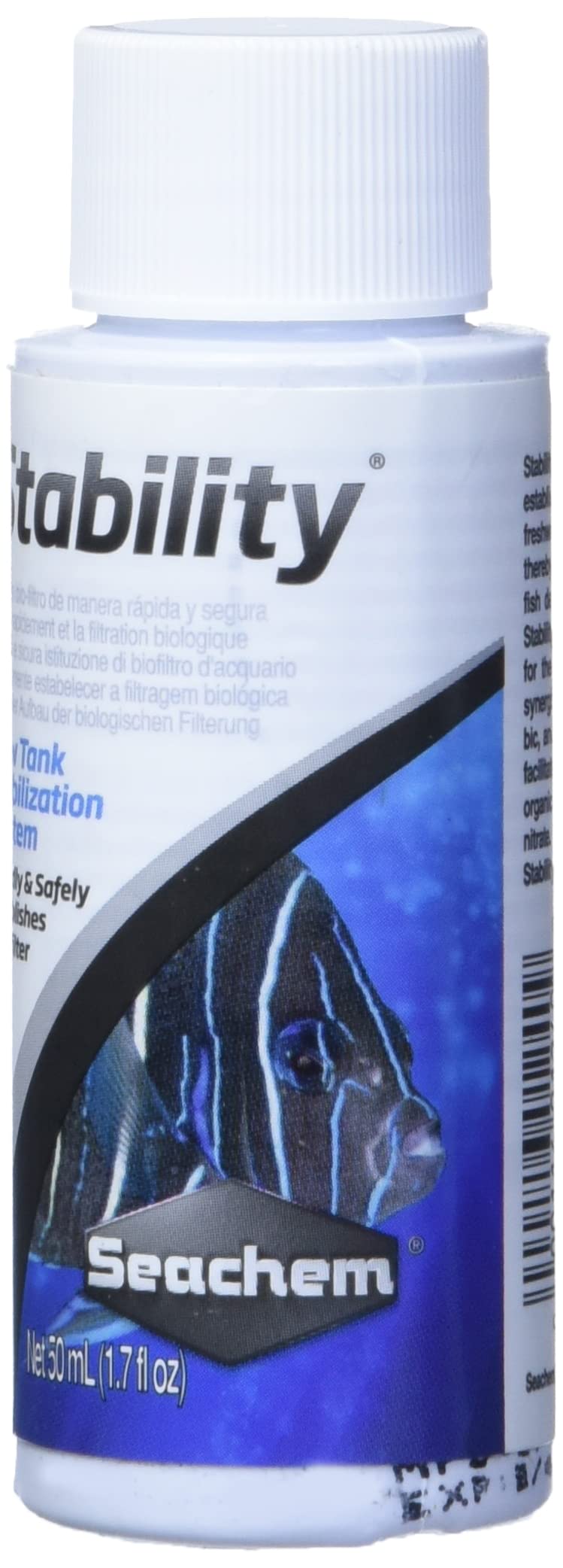 Etiqueta frontal de Seachem Stability para uso en acuarios de agua dulce y marina.