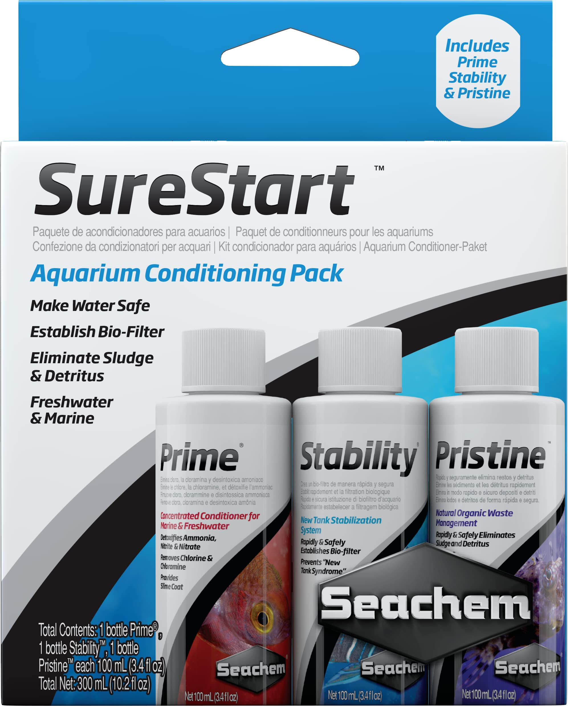 Conjunto Seachem SureStart con Prime, Stability y Pristine para acondicionar acuarios
