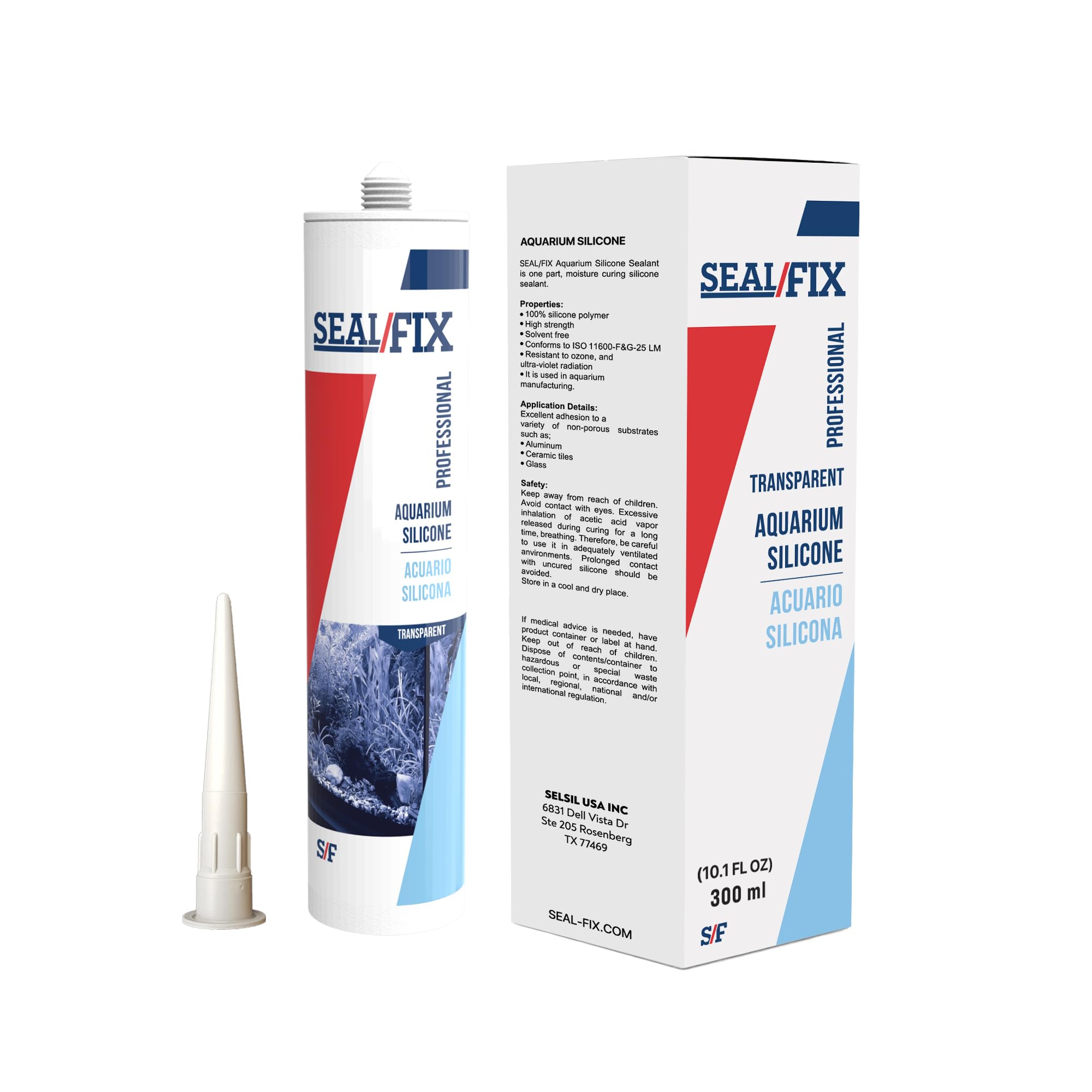 Seal/Fix: sellador de silicona para acuarios, bote transparente para sellado seguro.