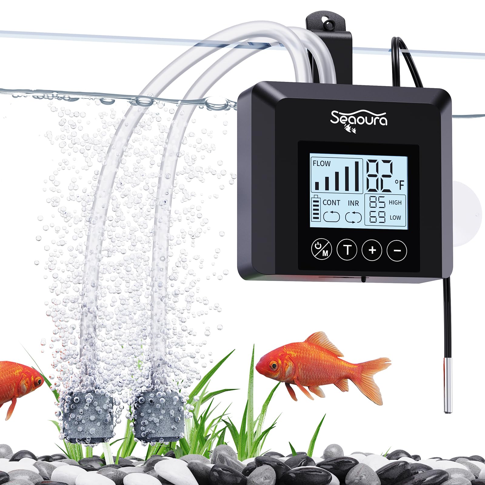 SEAOURA bomba de aire USB frente al acuario mostrando el diseño compacto