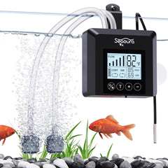 SEAOURA bomba de aire USB frente al acuario mostrando el diseño compacto