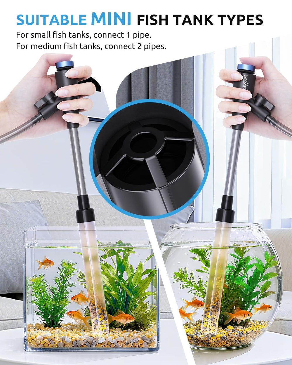 Seaoura Diseño manual con pulsador facilita cambios de agua sin electricidad.