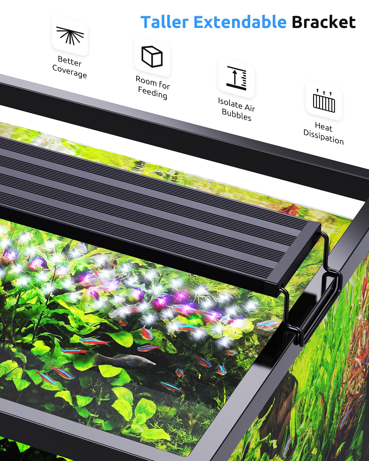 Iluminación ideal para acuarios plantados, realza colores naturales.