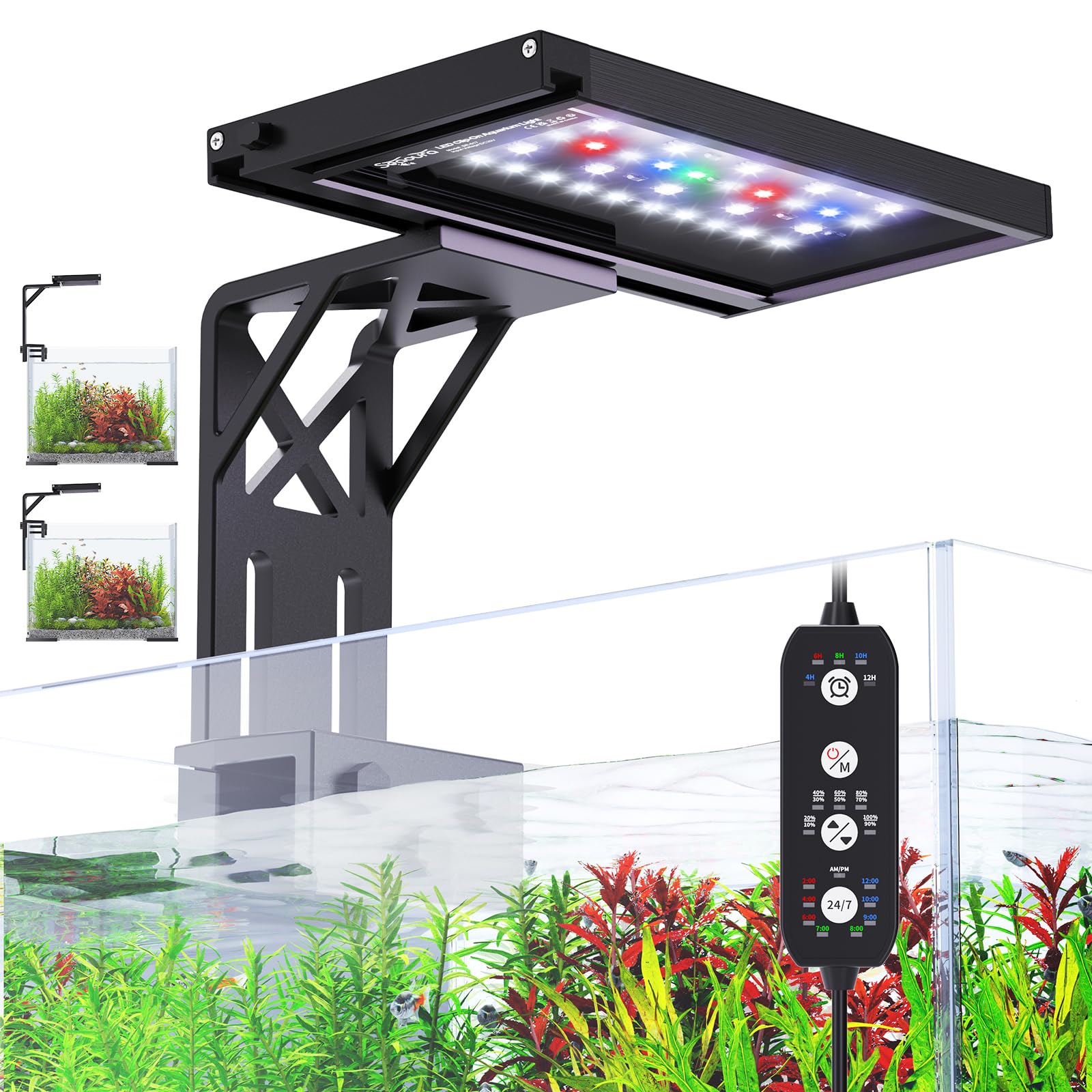 SEAOURA luz para acuario clip-on que favorece el crecimiento de plantas con iluminación suave.