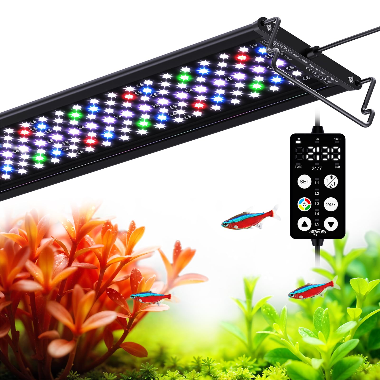 Luz SEAOURA para acuario, espectro completo, 7 filas LED para crecimiento uniforme.