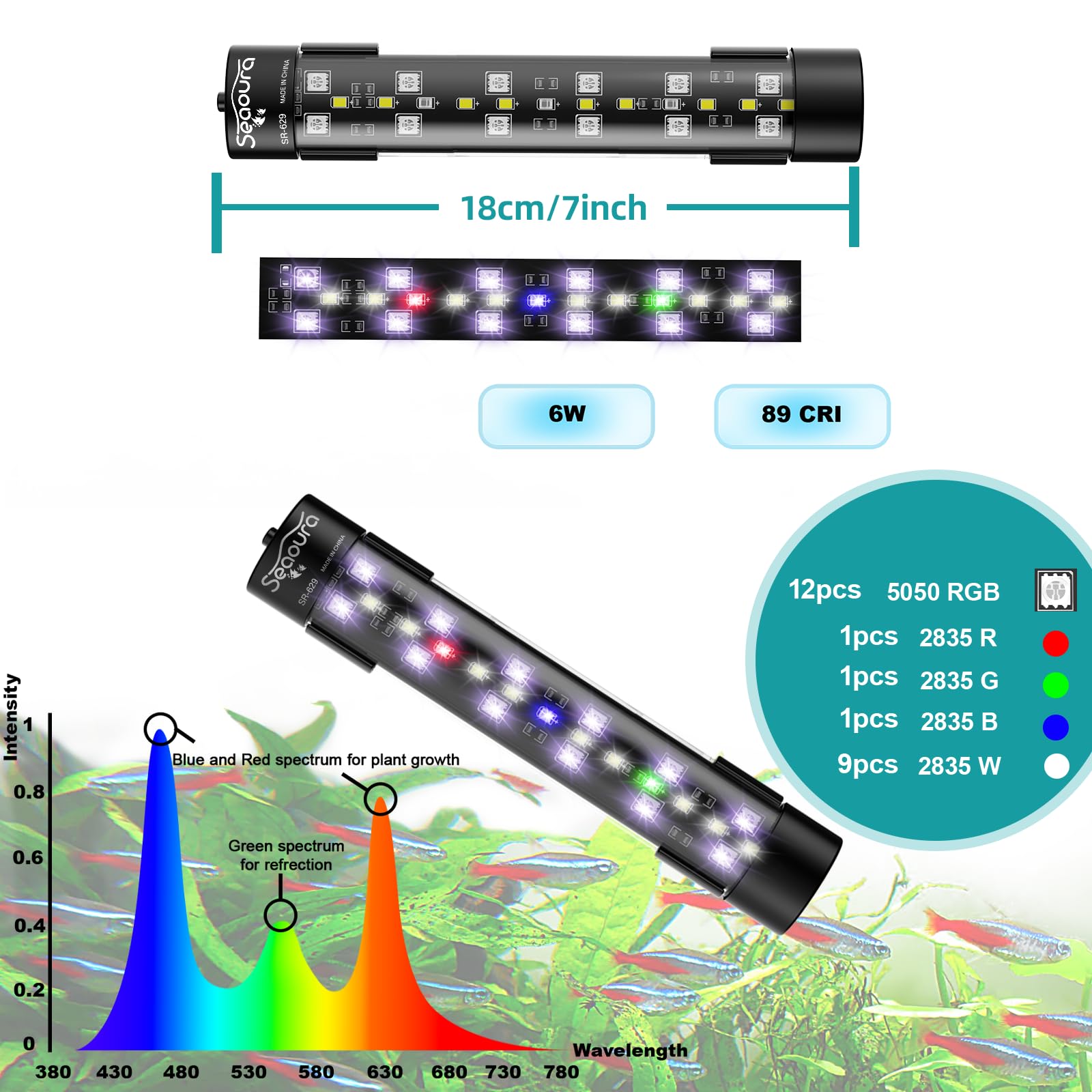 Luz SEAOURA con ajuste de brillo para acuario, ideal para plantas y peces