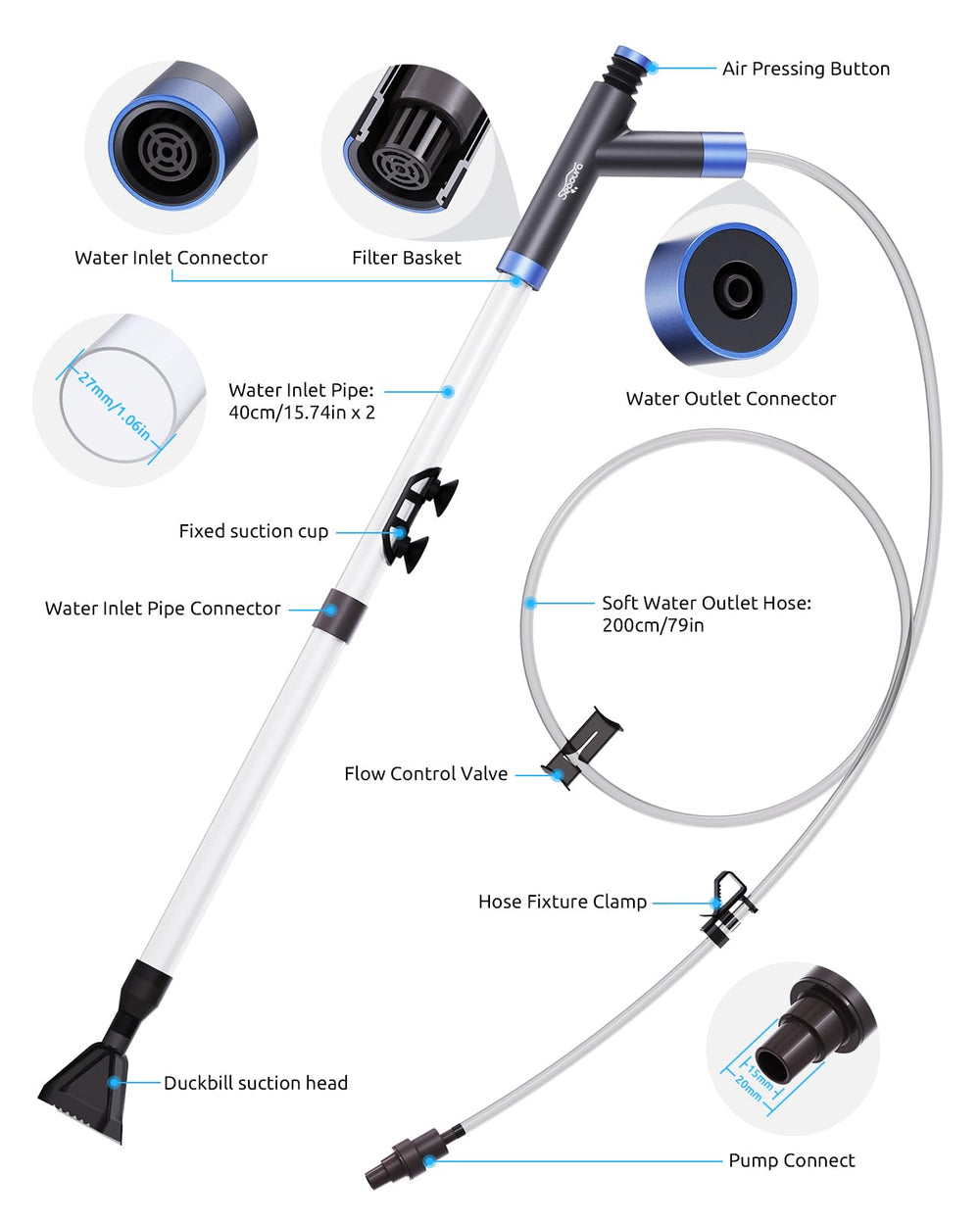 Seaoura sifón tubos extensión: adaptabilidad para acuarios de varios tamaños