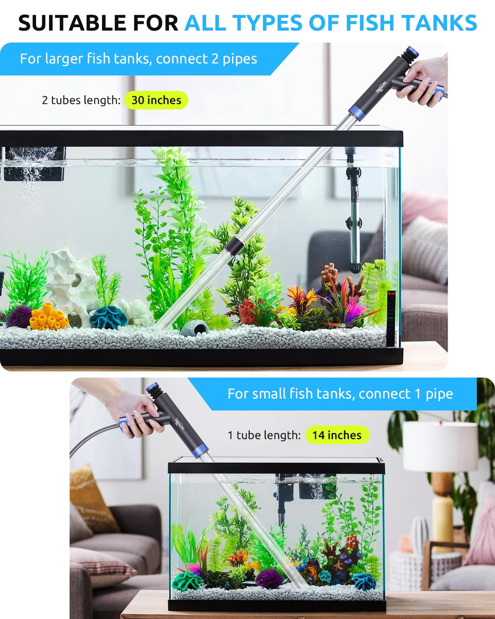 Seaoura sifón para tanques grandes: extensión ajustable para acuarismo cómodo