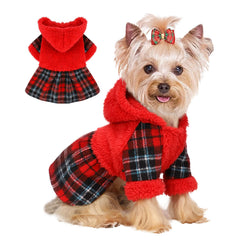 Sebaoyu vestido navidad para perro, capucha y cuadros rojos, cálido y cómodo.