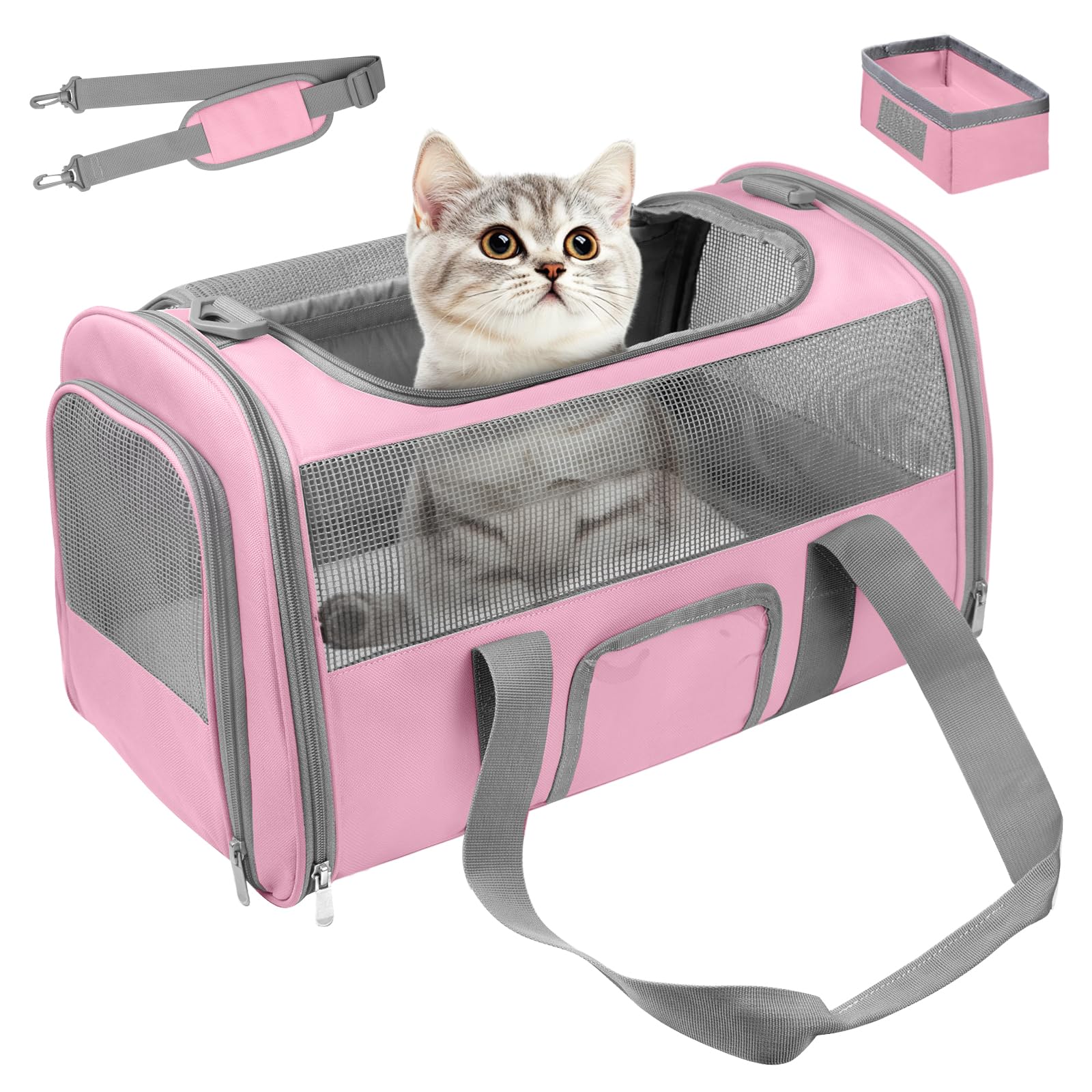 Seclato transportín de lado suave para gatos, rosa y gris, cómodo para viajes