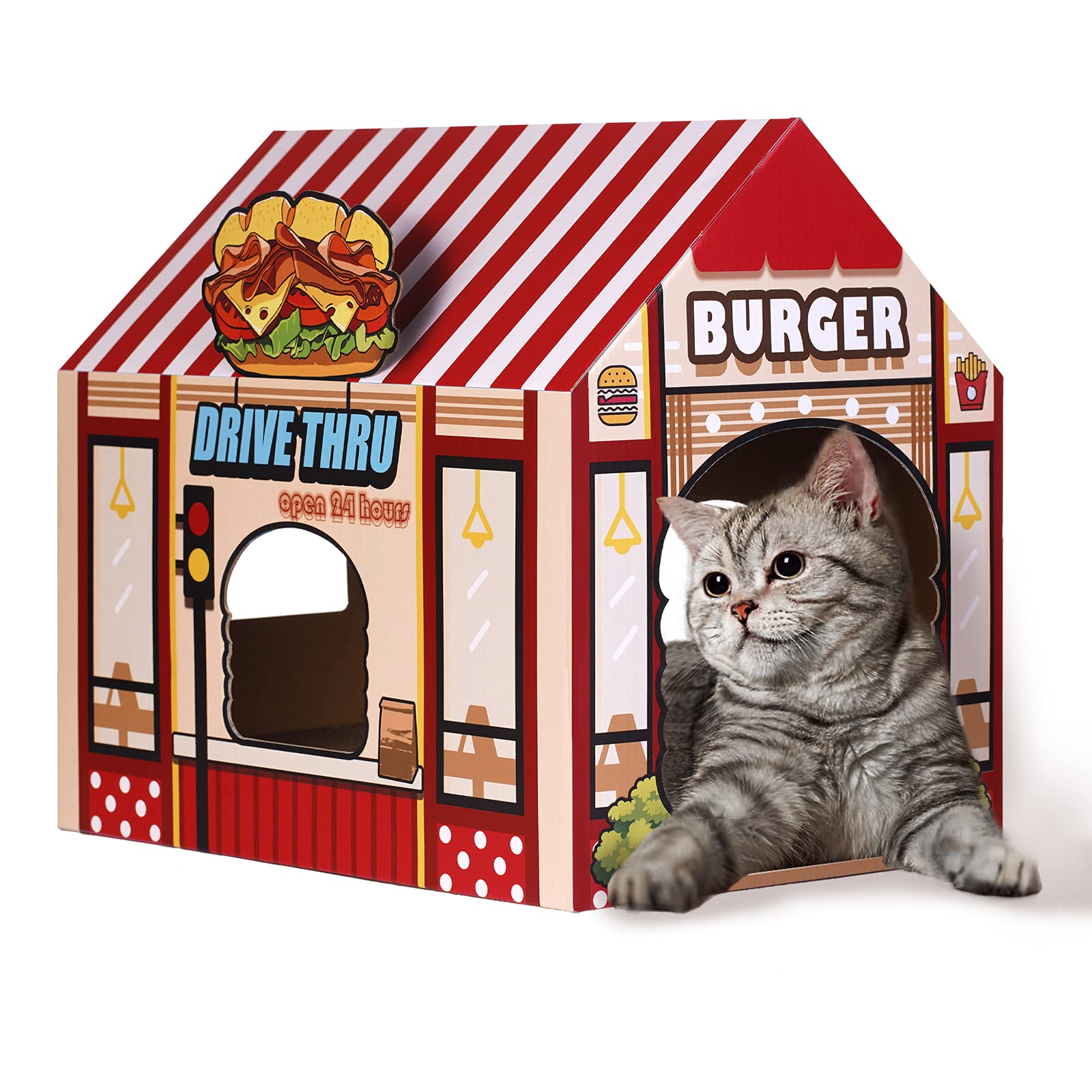 SEKAM: casa de gatos de cartón con diseño hamburguesería, refugio y juego