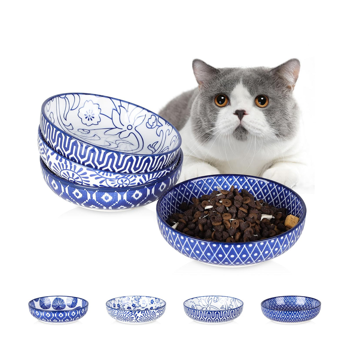 Selamica tazones-gato-ceramicos-juego-4 azul vintage, ideales para comida y agua de gatos.