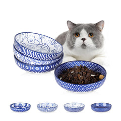 Selamica tazones-gato-ceramicos-juego-4 azul vintage, ideales para comida y agua de gatos.