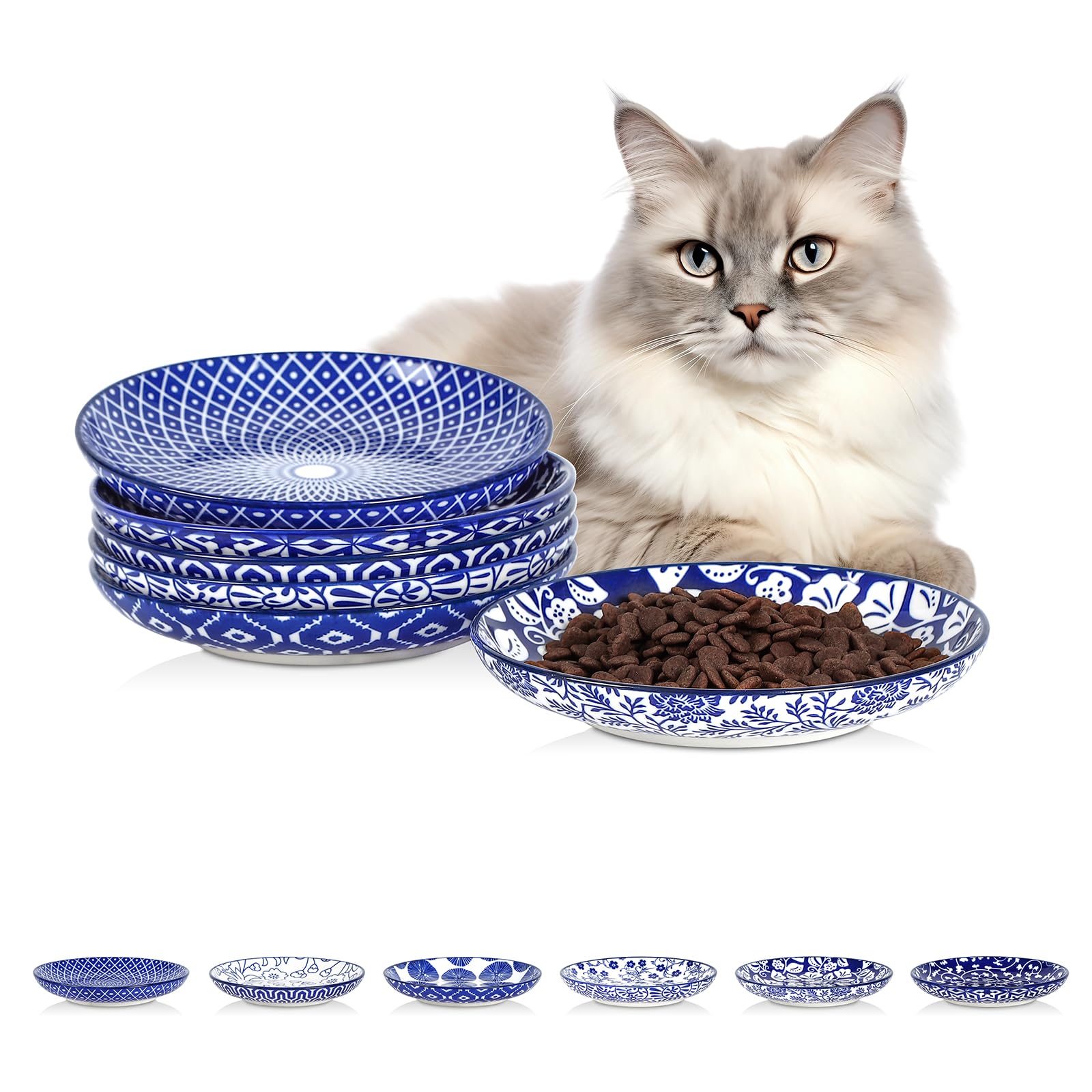 Selamica tazones para gatos cerámicos, frente, diseño azul vintage, ayuda a comer con más comodidad.