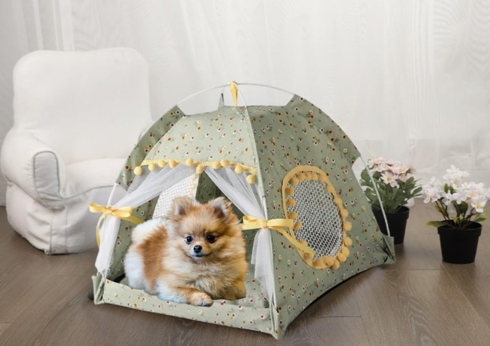 Selena cama-tienda para mascotas, vista lateral, espacio ventilado para descansar.