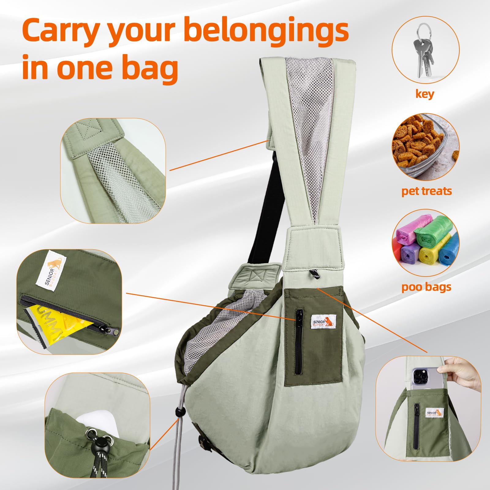 SENIOR BUDDAY sling tejido durable y lavable para uso diario.