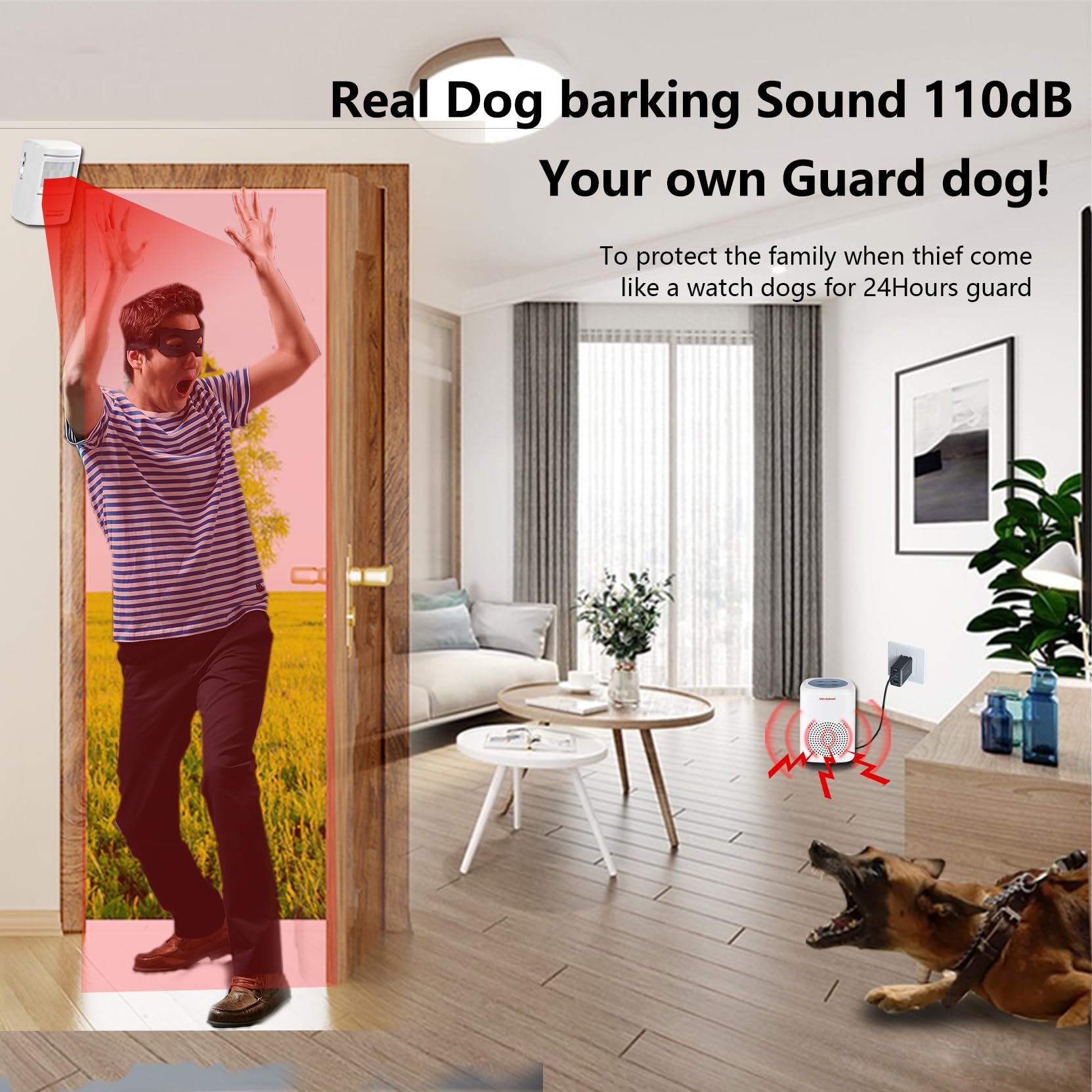 Sensor-movimiento-externo de alarma-ladrido-perro para entradas.