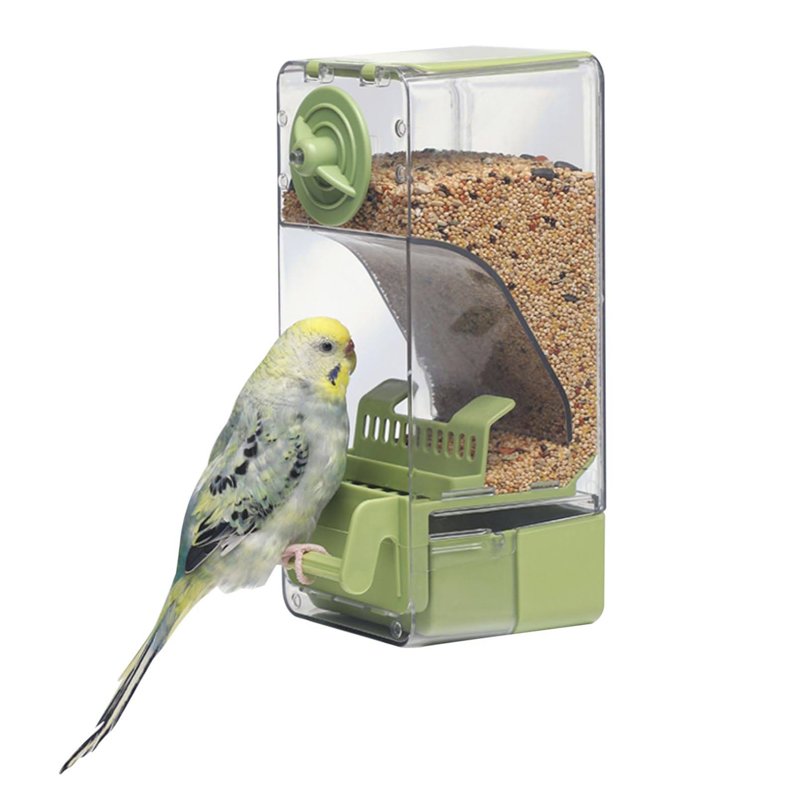 Septillar comedero automático exterior con percha para aves pequeñas, mantiene jaula limpia.