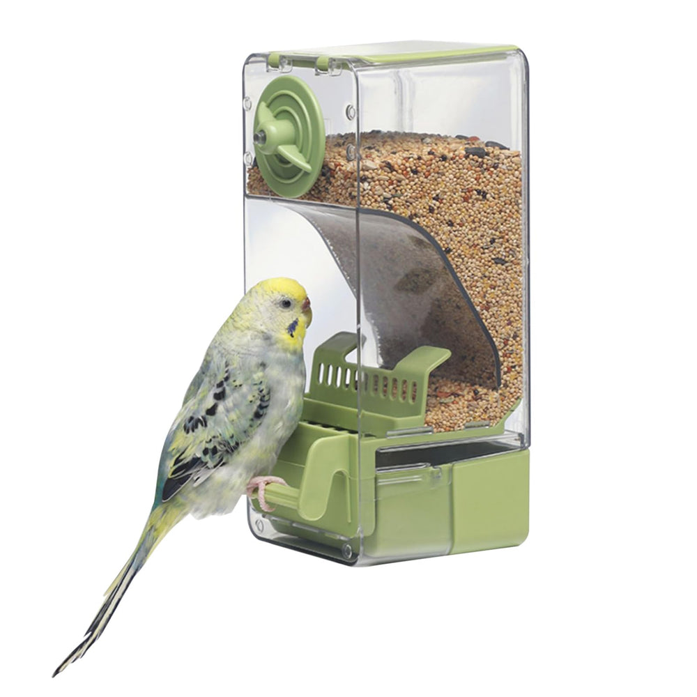 Septillar comedero automático exterior con percha para aves pequeñas, mantiene jaula limpia.