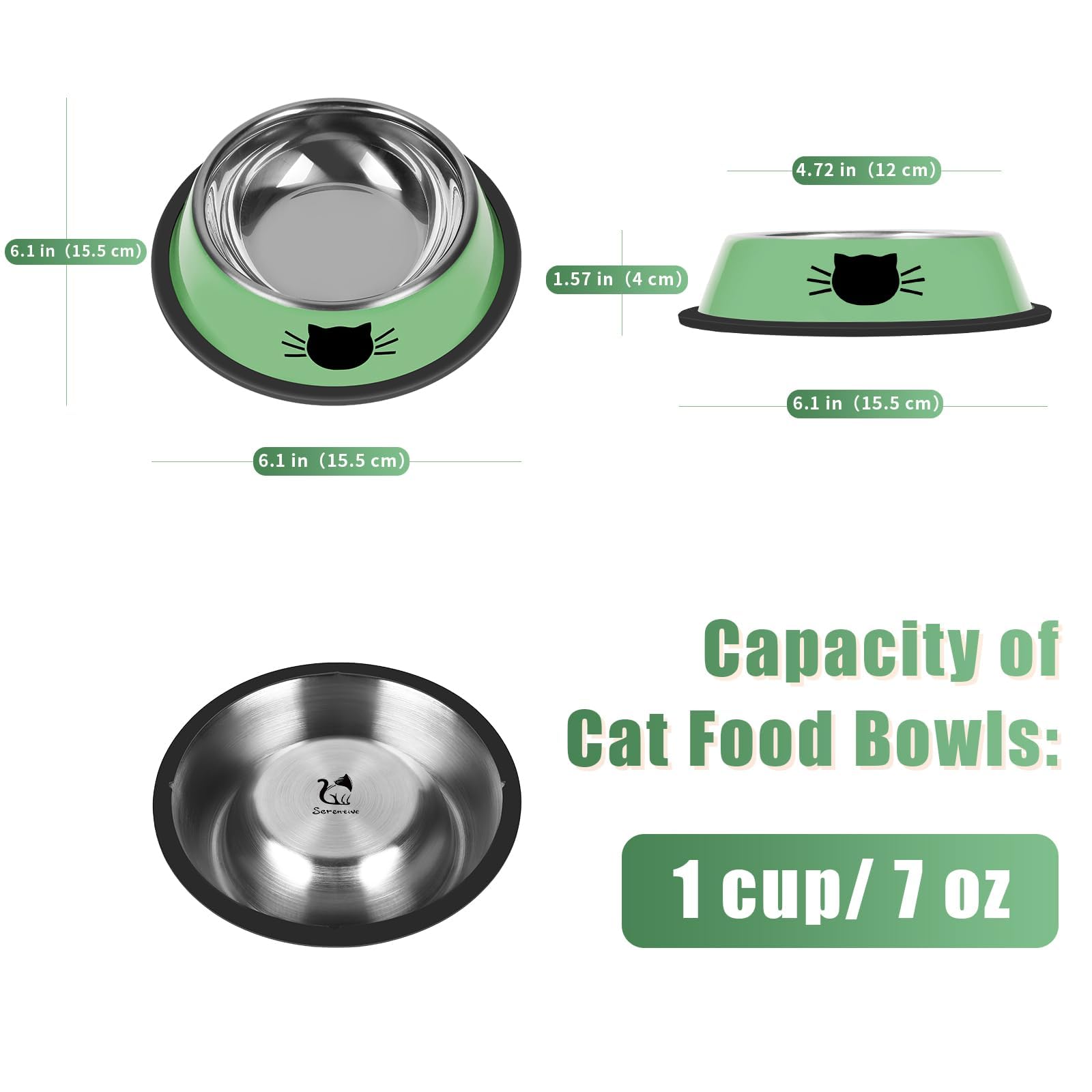 Serentive tazones para gato acero inoxidable 7oz para comida y agua.