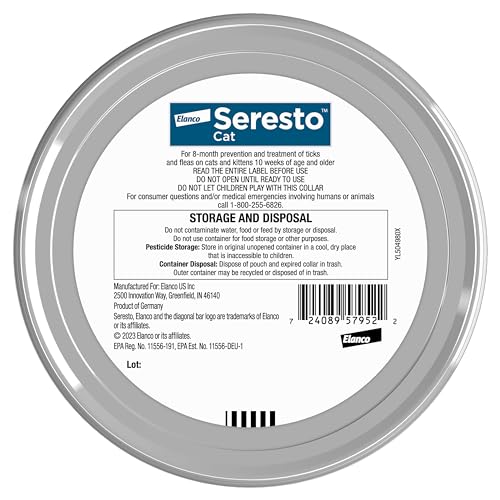 Seresto collar para gatos con protección duradera contra pulgas y garrapatas.