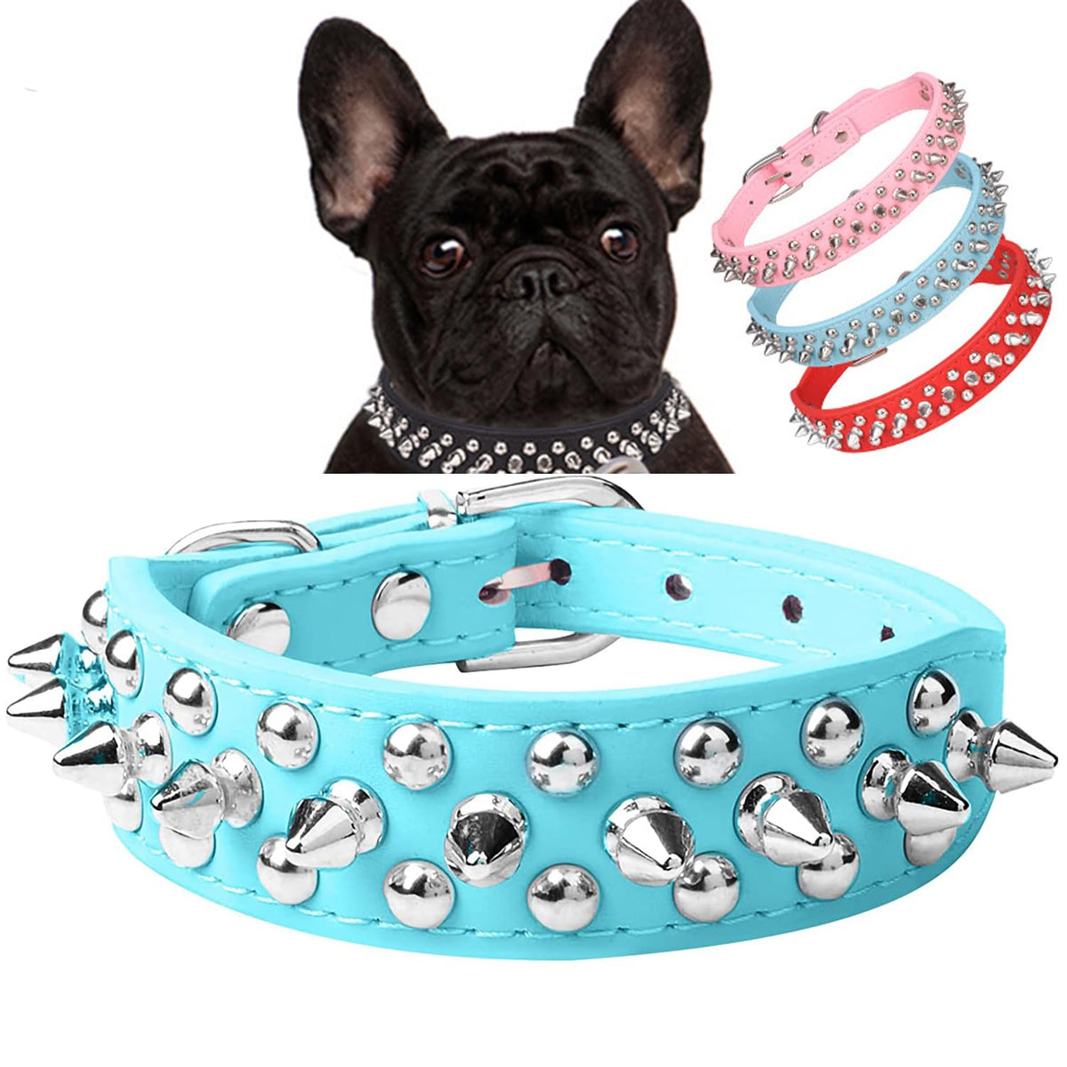 Collar Serijoars con puntas y setas en azul claro para paseos con estilo.