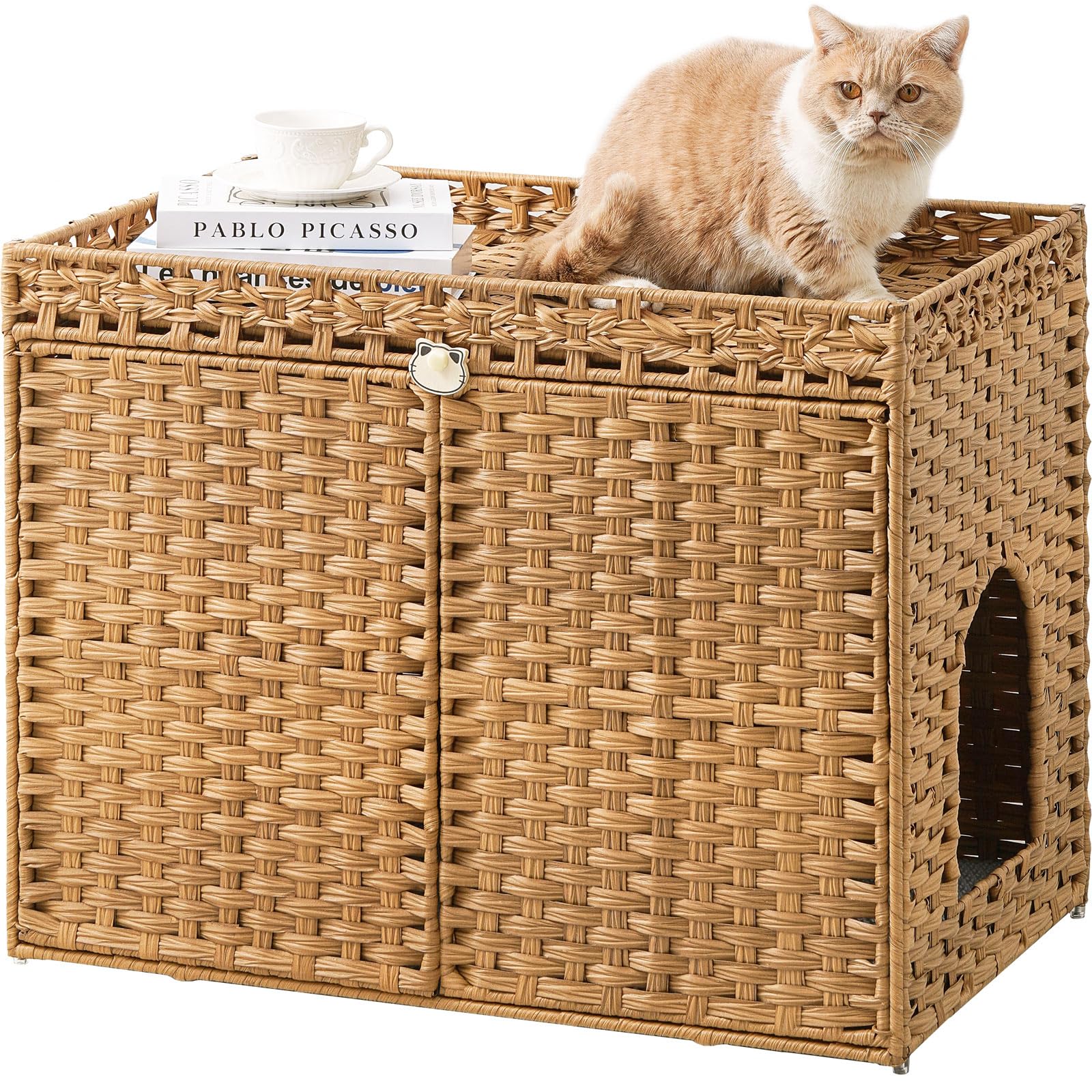 SETVSON caja-litter-oculta-mimbre-frontal: oculta la arena para un salón limpio.