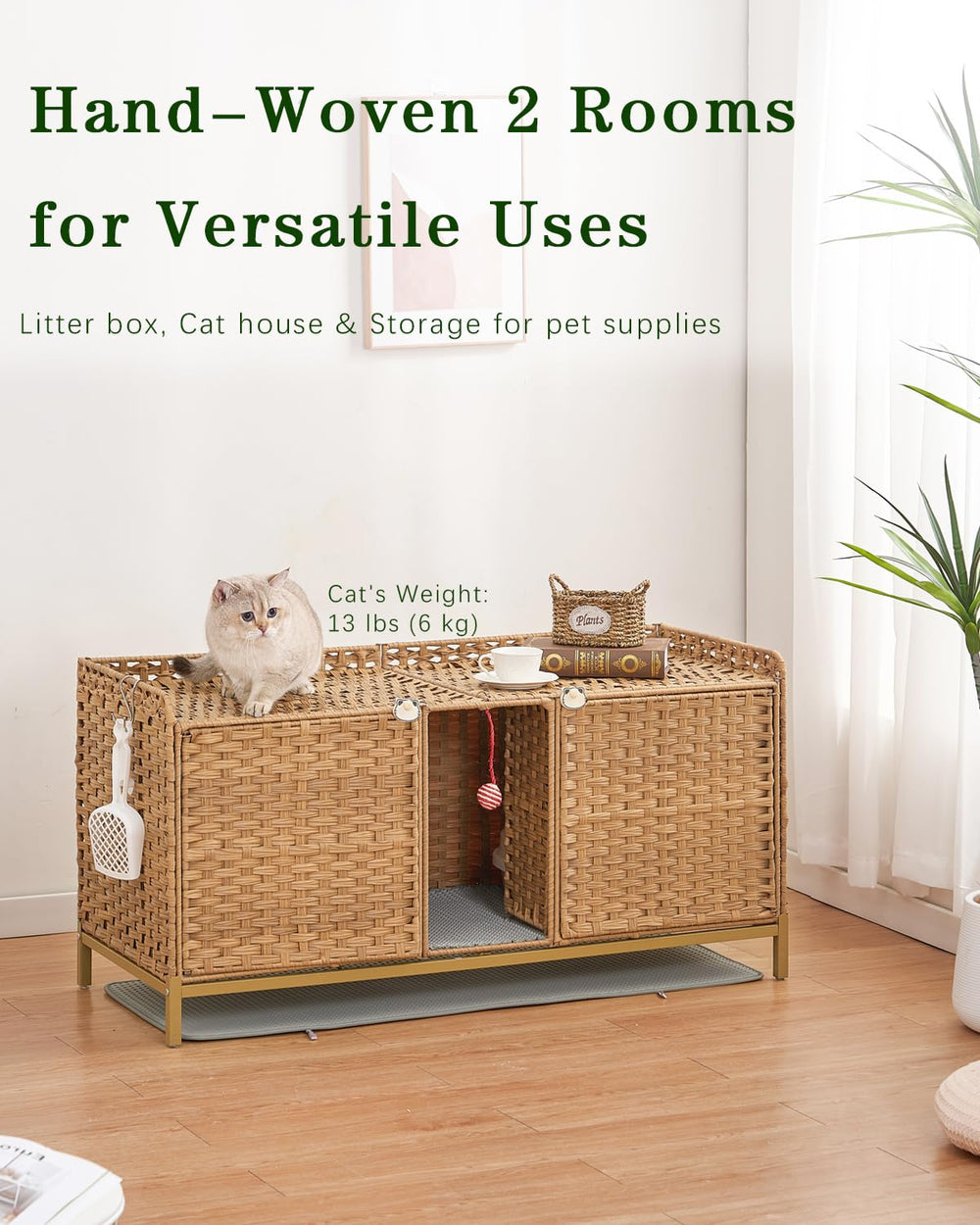 SETVSON mueble ratán con doble habitación, ideal para dos gatos.