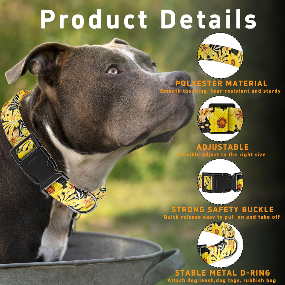 Collar Seyezo ajustable en amarillo con flor: ajuste cómodo para perros.