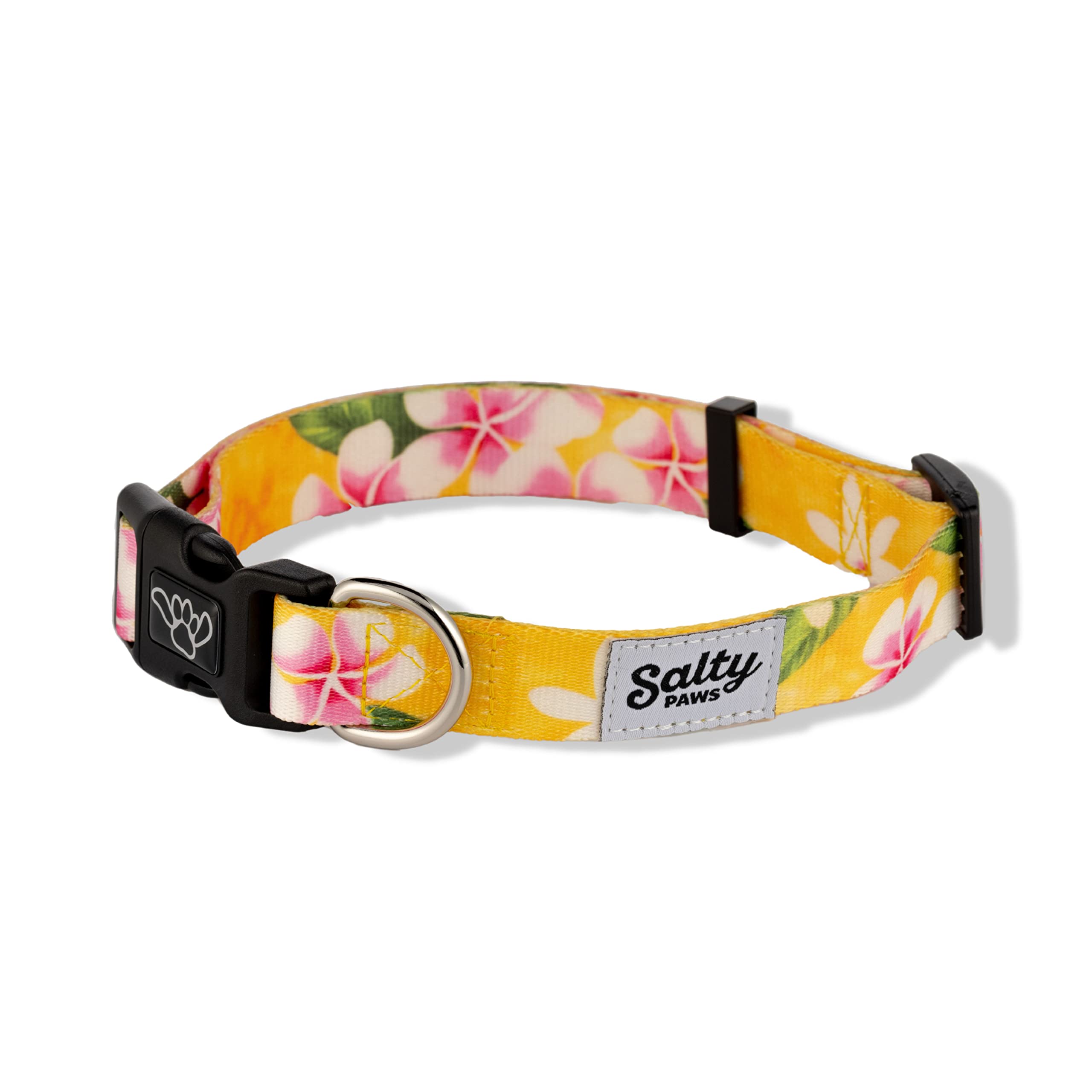 Shaka's Salty Paws collar amarillo tropical frente para paseos con estilo.