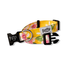 Shaka's Salty Paws collar amarillo tropical lateral, vista de perfil.
