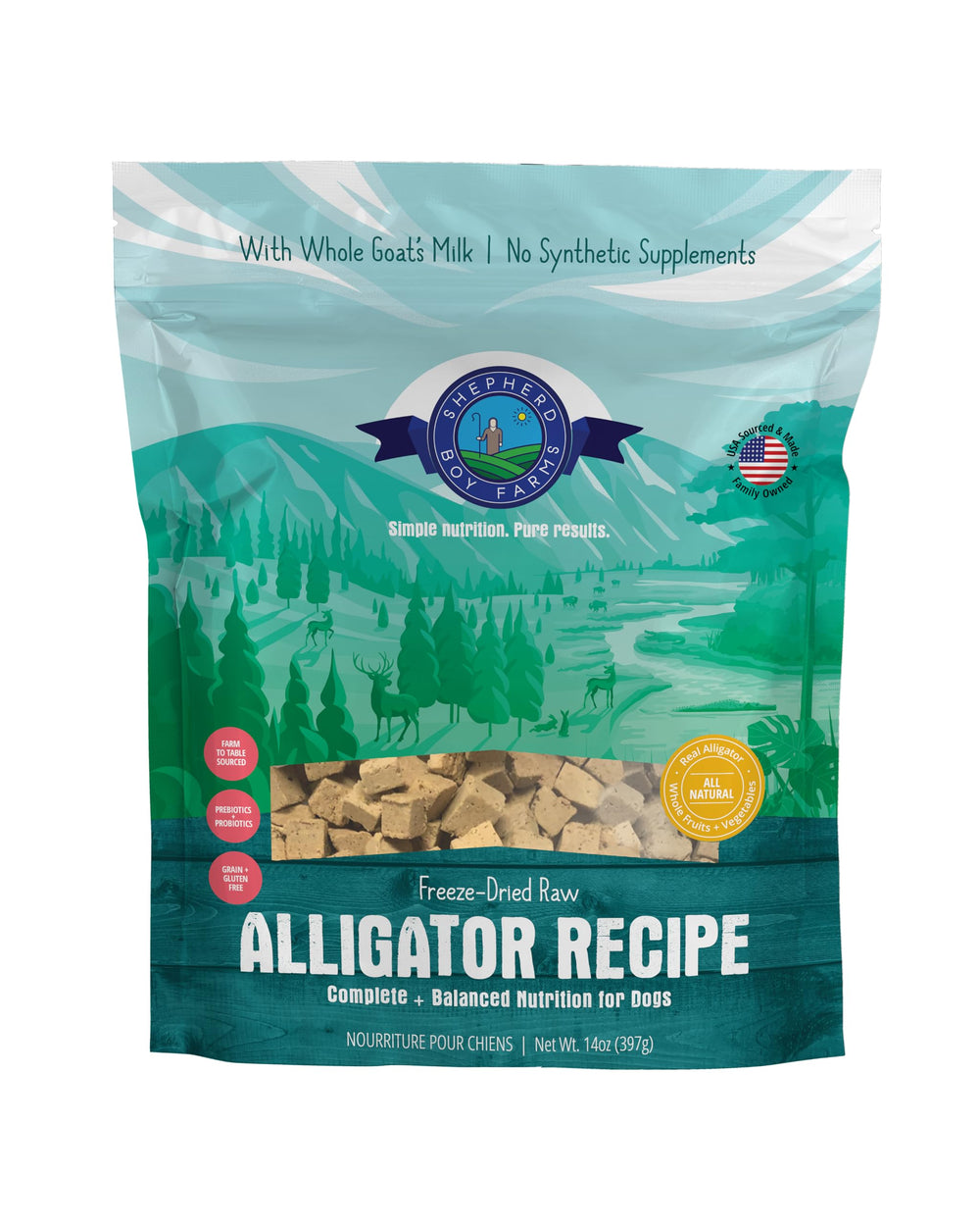 Shepherd Boy Farms alligator receta liofilizado, fuente de proteína para perros activos