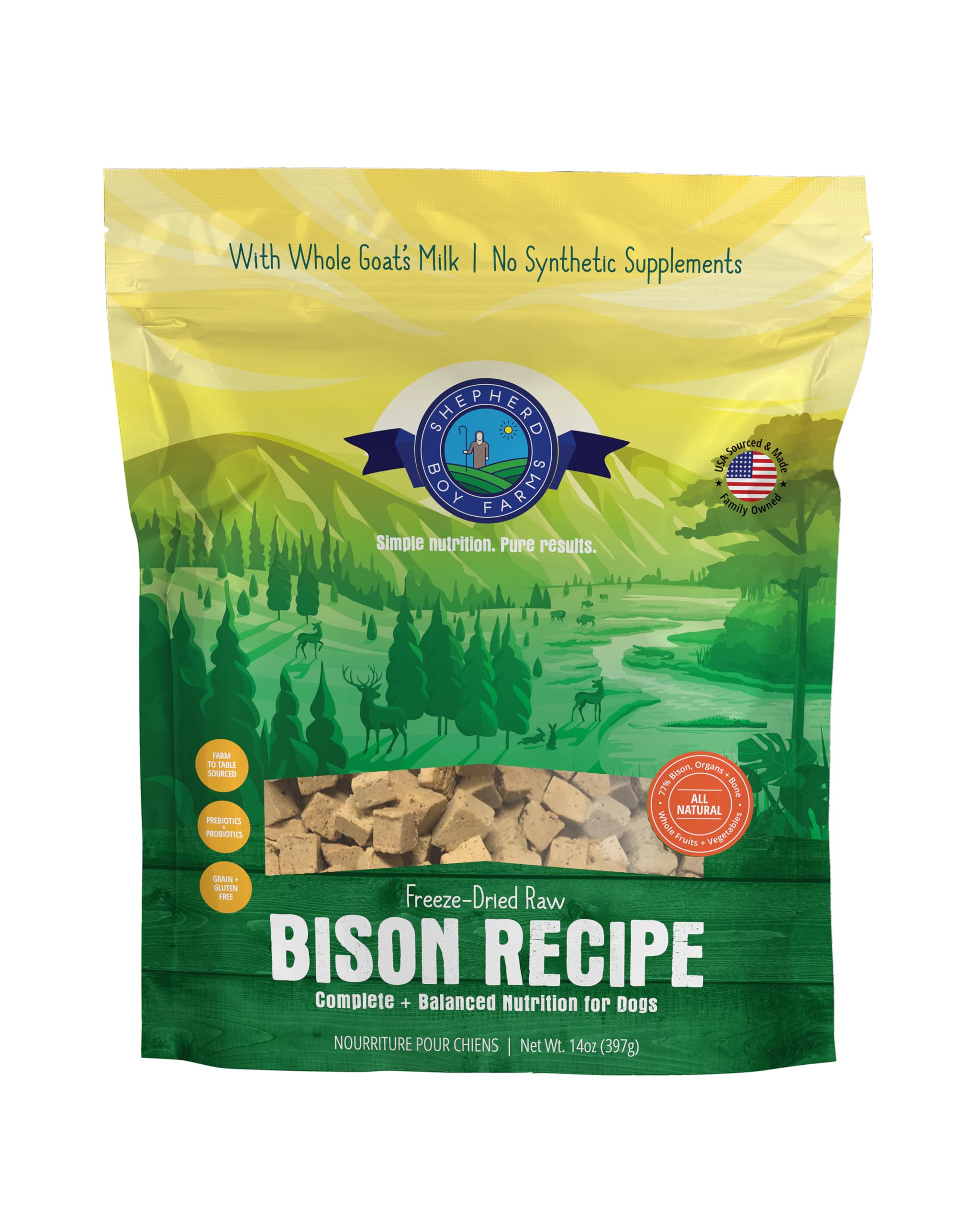 Shepherd Boy Farms alimento crudo liofilizado para perros, receta de bison, empaque práctico