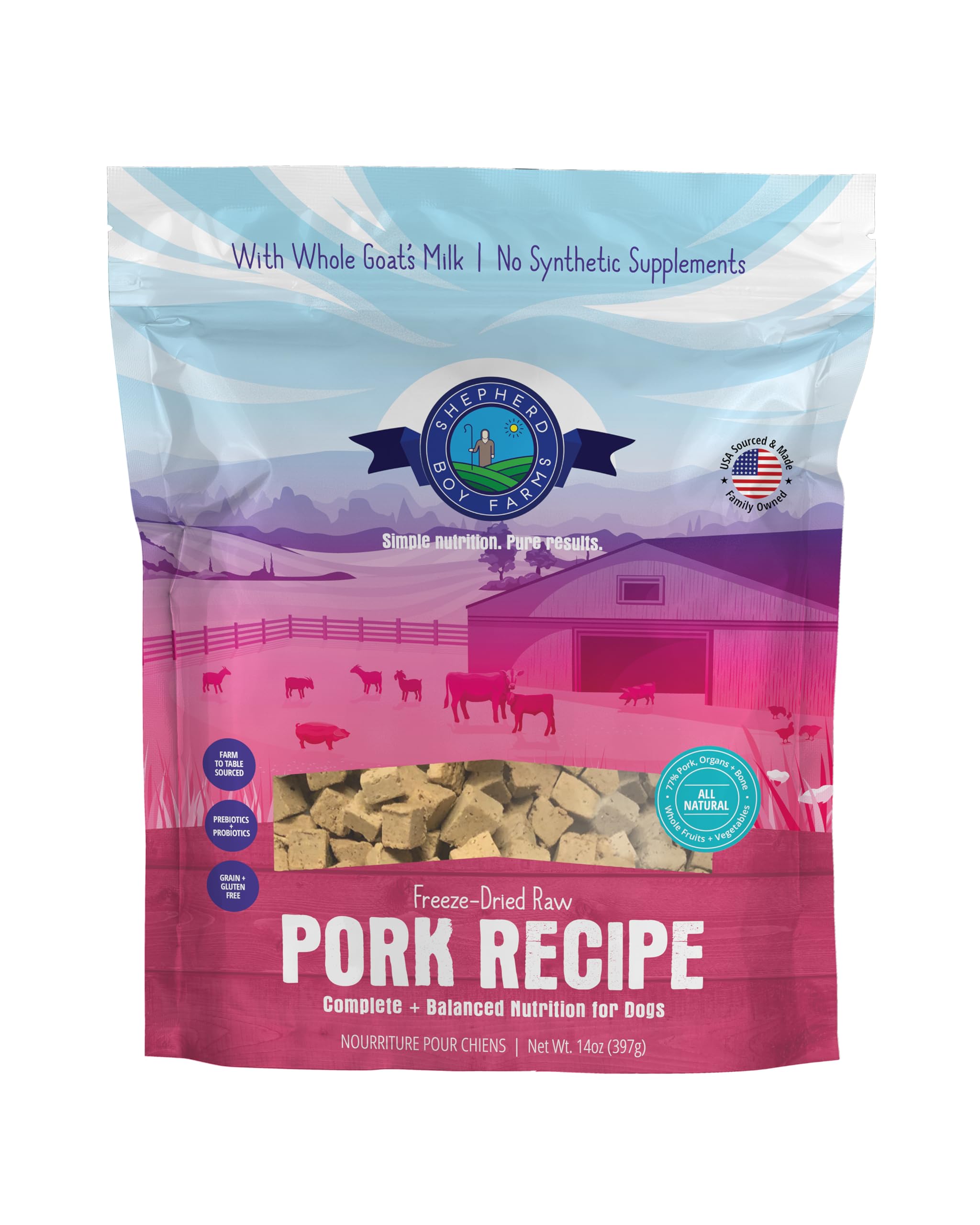 Shepherd Boy Farms alimento liofilizado de cerdo para perros, proteína alta para energía