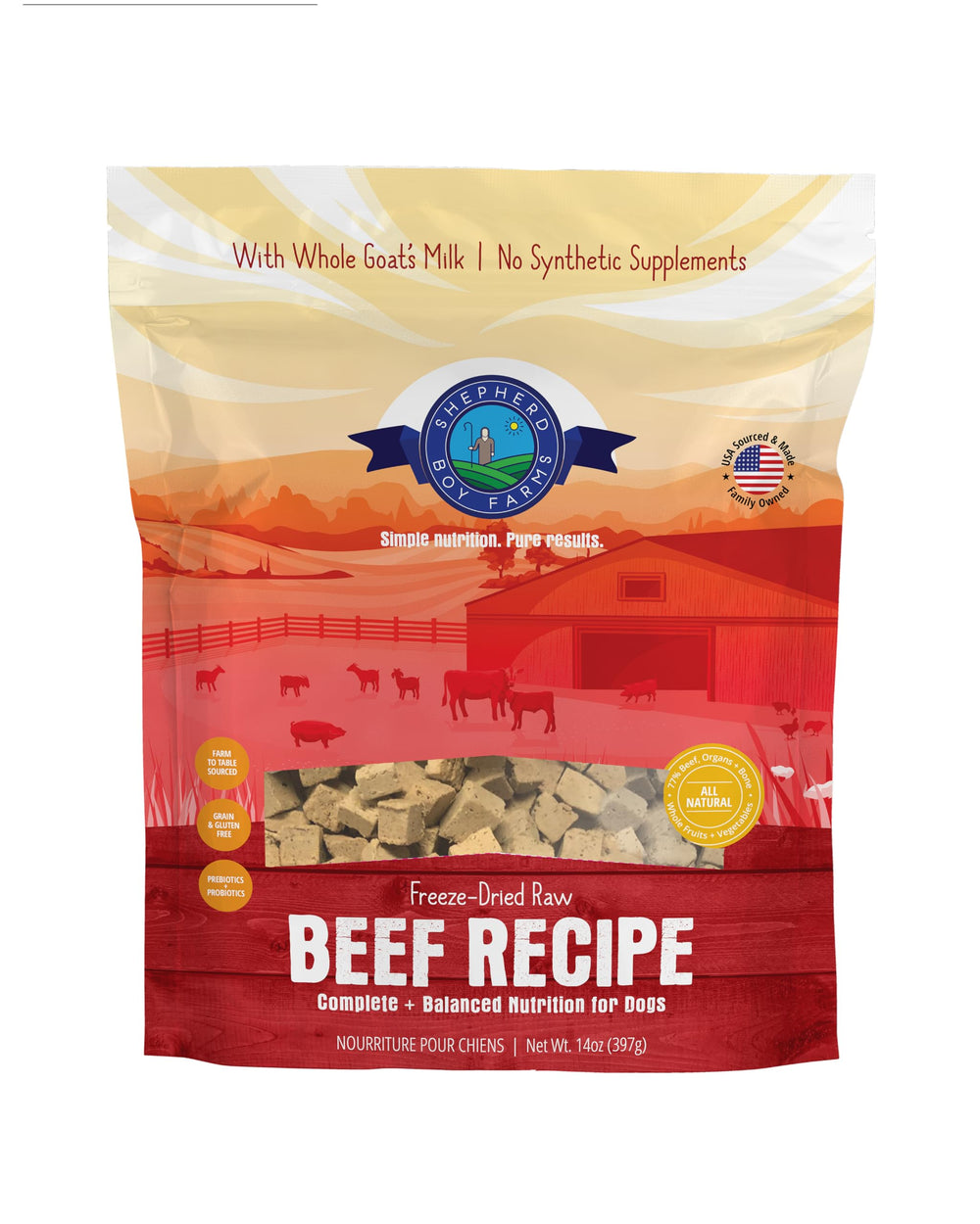 Shepherd Boy Farms, comida para perros cruda liofilizada, proteína de alta calidad para la actividad diaria.