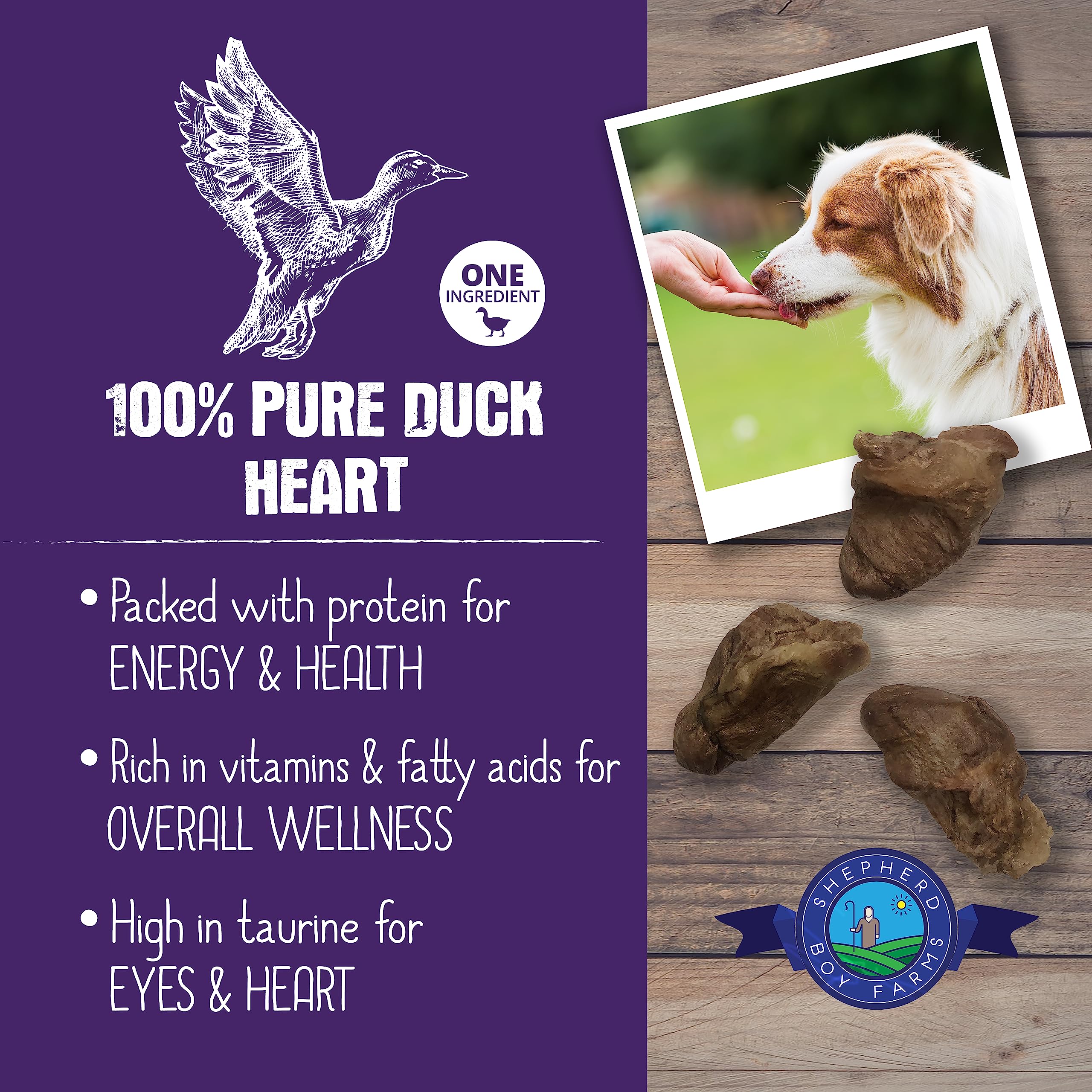 Shepherd Boy Farms Corazón de pato: fuente de sabor y proteína para entrenamiento.
