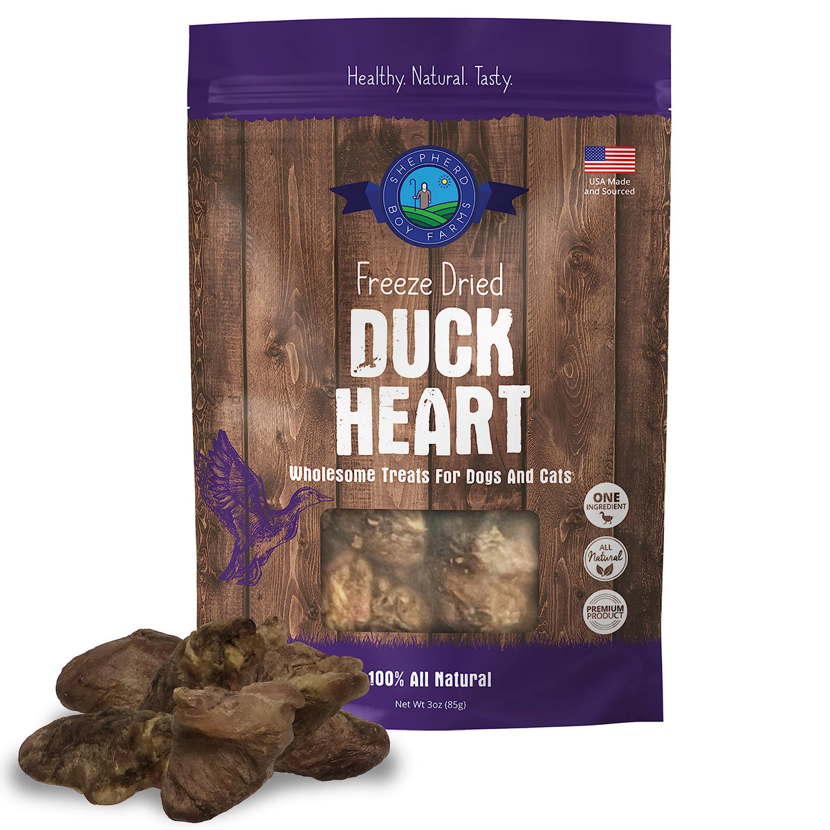 Shepherd Boy Farms corazon de pato liofilizado para perros, snack proteico.