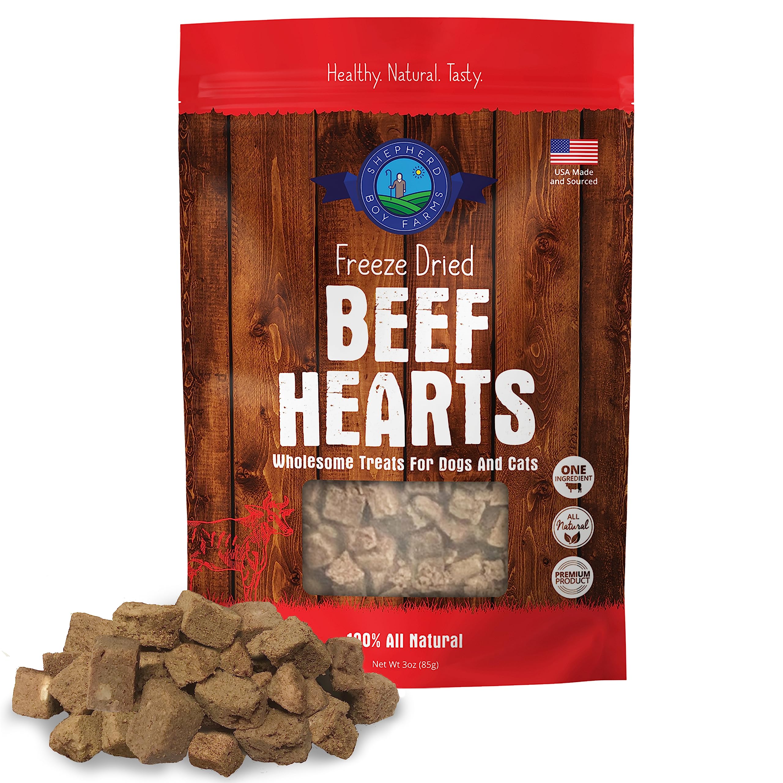 Recompensas Shepherd Boy Farms: corazón de res liofilizado para perros y gatos.