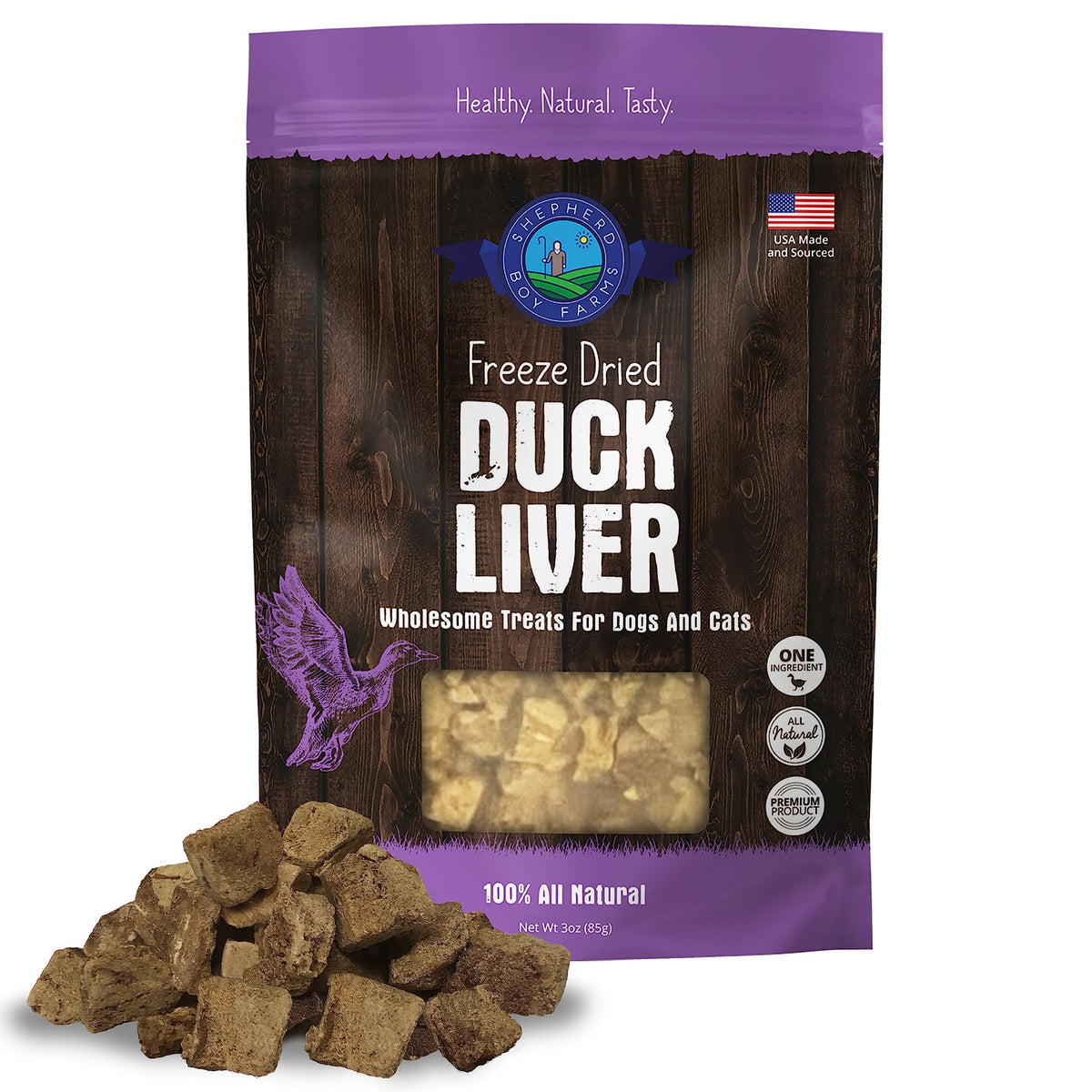 Higado de pato Shepherd Boy Farms, snack de una sola fuente para perros y gatos.