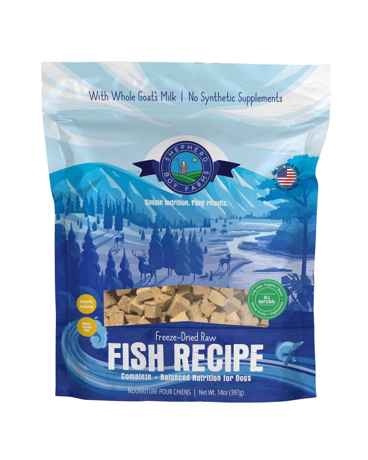 Shepherd Boy Farms liofilizado mezcla pescado para perros activos