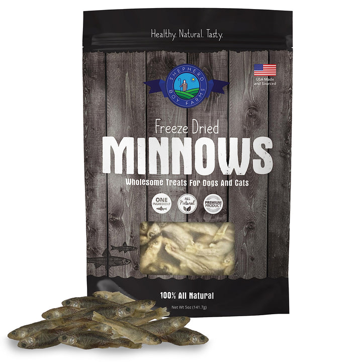 Minnows de Shepherd Boy Farms secos para perros, snack sabroso y natural.