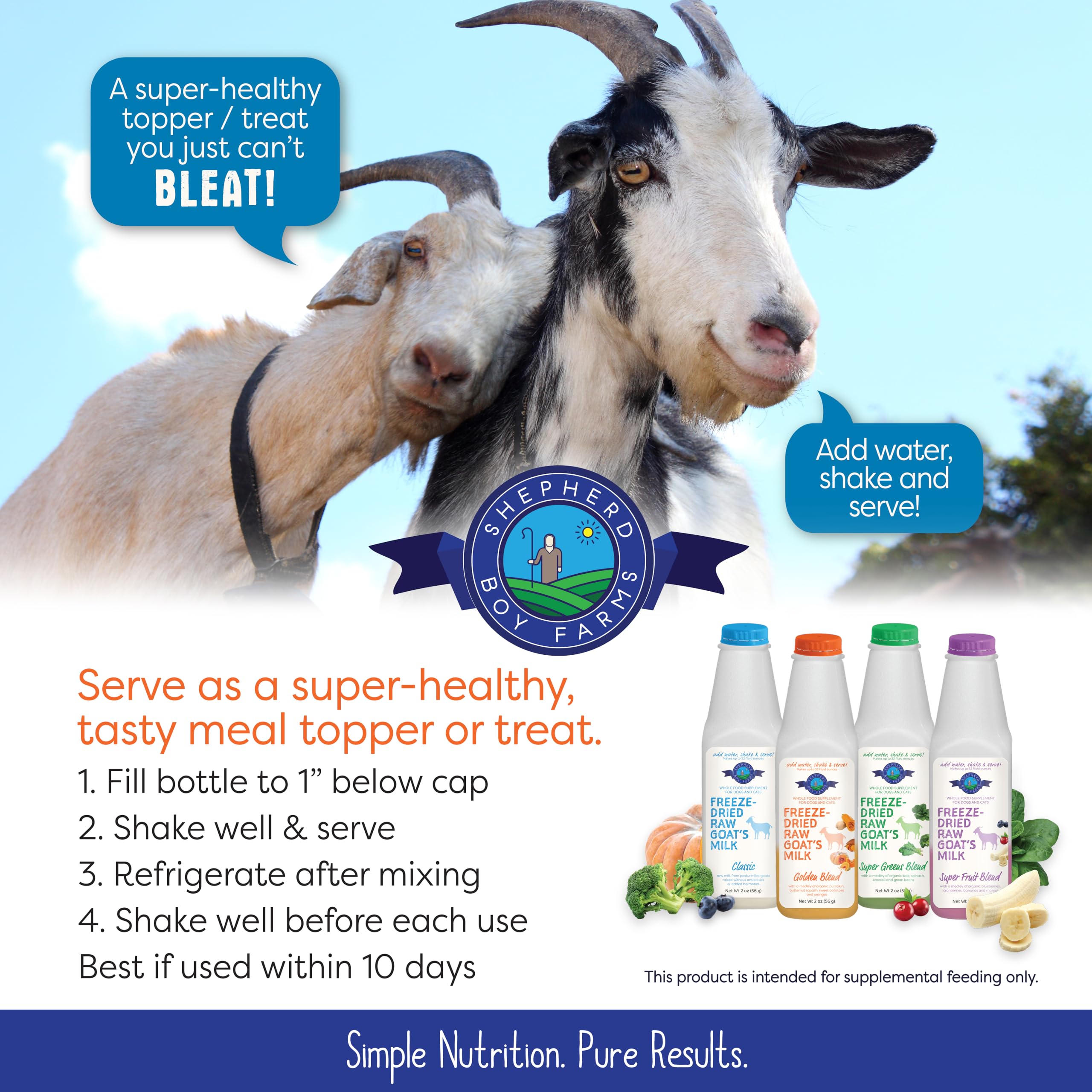 Rehidratador nutritivo Shepherd Boy Farms para mascotas.