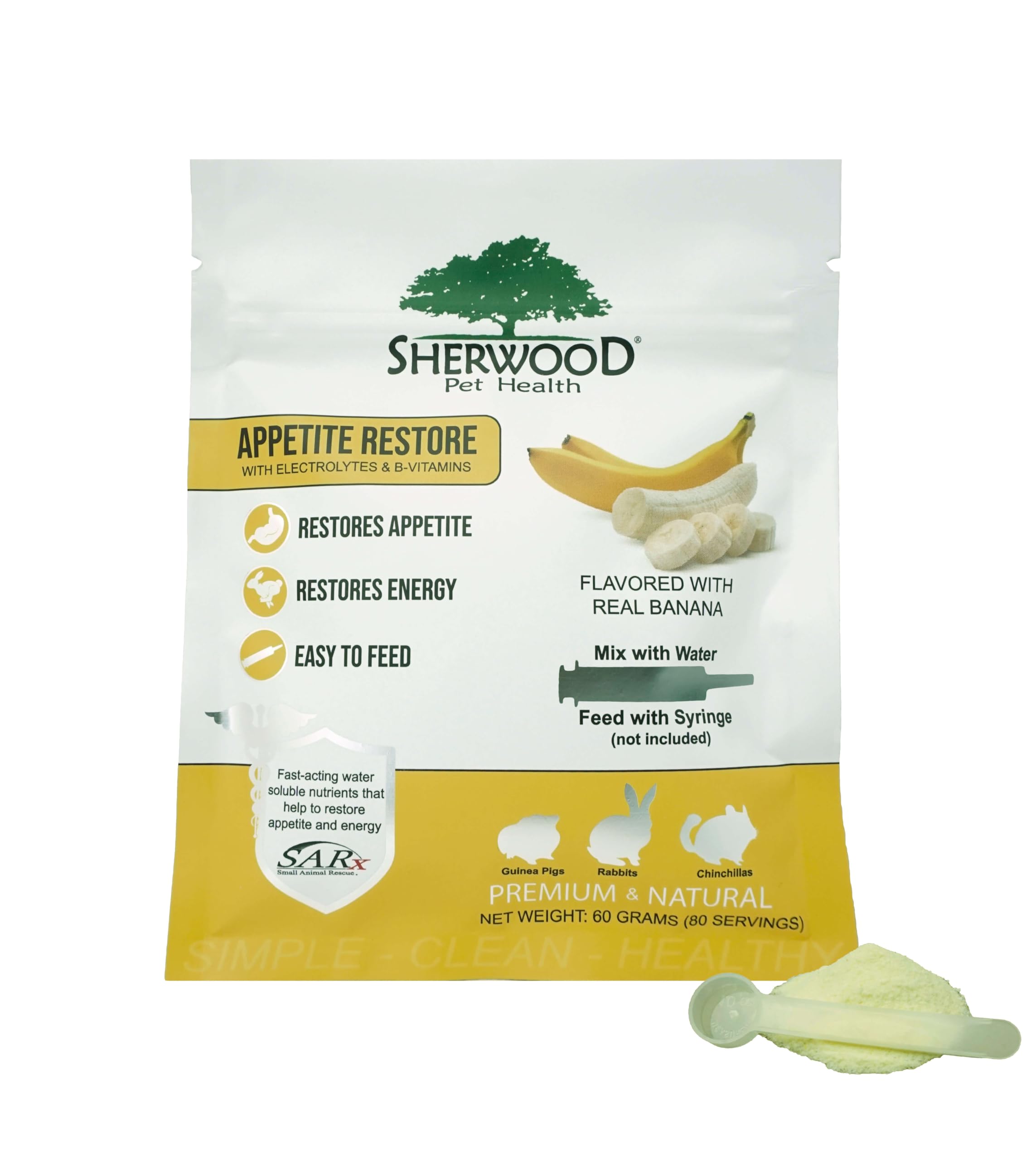 Sherwood Pet Health restaurador de apetito en envase, estimulando el apetito en conejos y roedores.