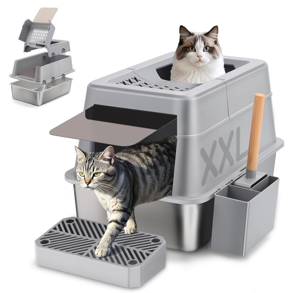 Caja Shikha de arena para gatos en acero inoxidable con tapa volteable para control de olores.
