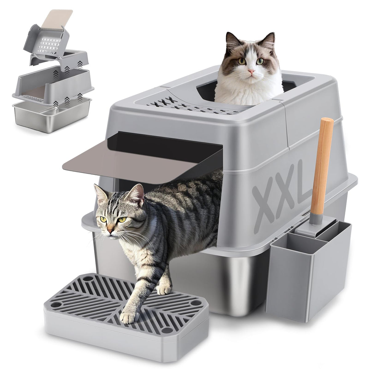 Caja Shikha de arena para gatos en acero inoxidable con tapa volteable para control de olores.